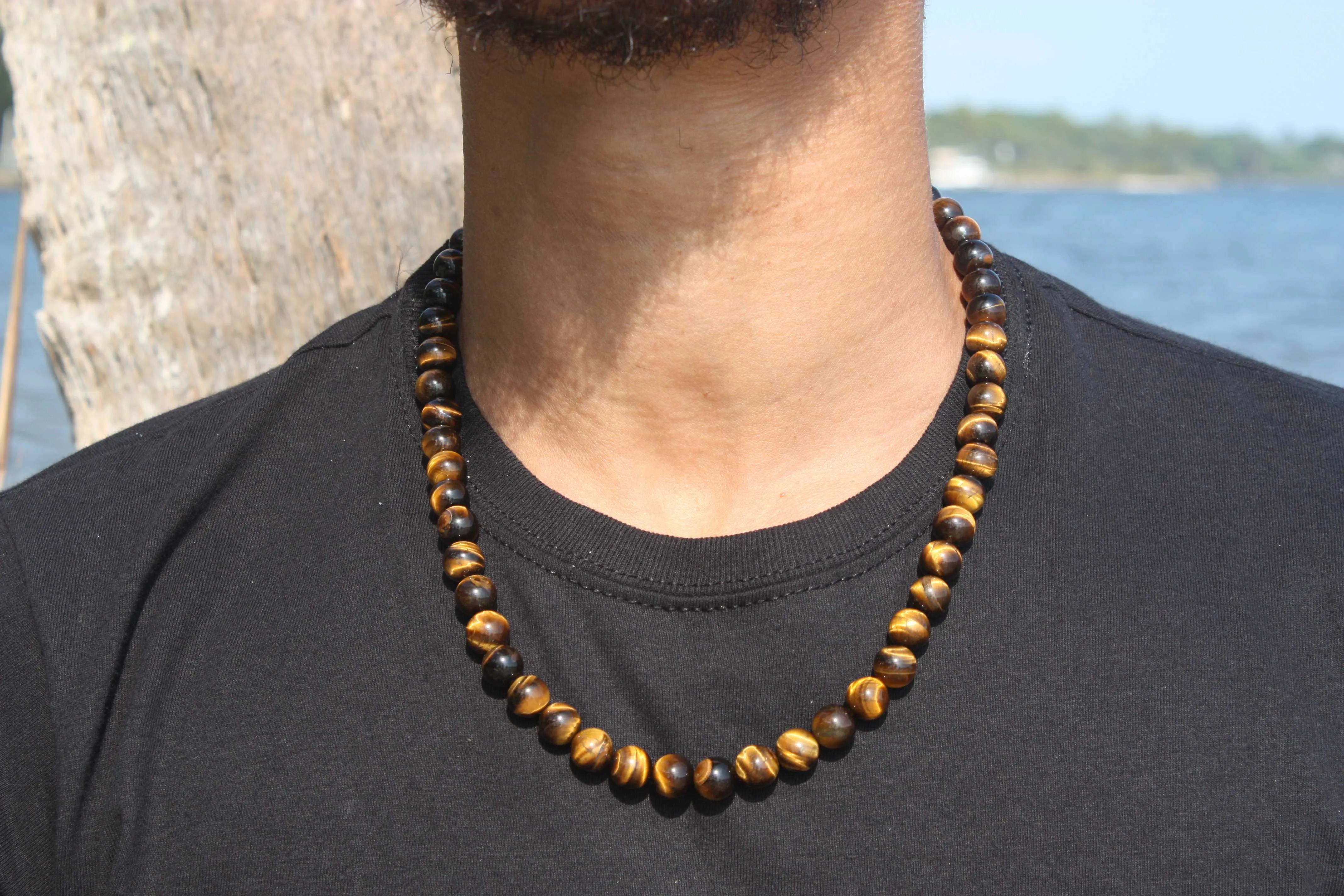 10mm Tigers Eye Beaded Necklace for Men/Women - Magnetic Clasp Necklace