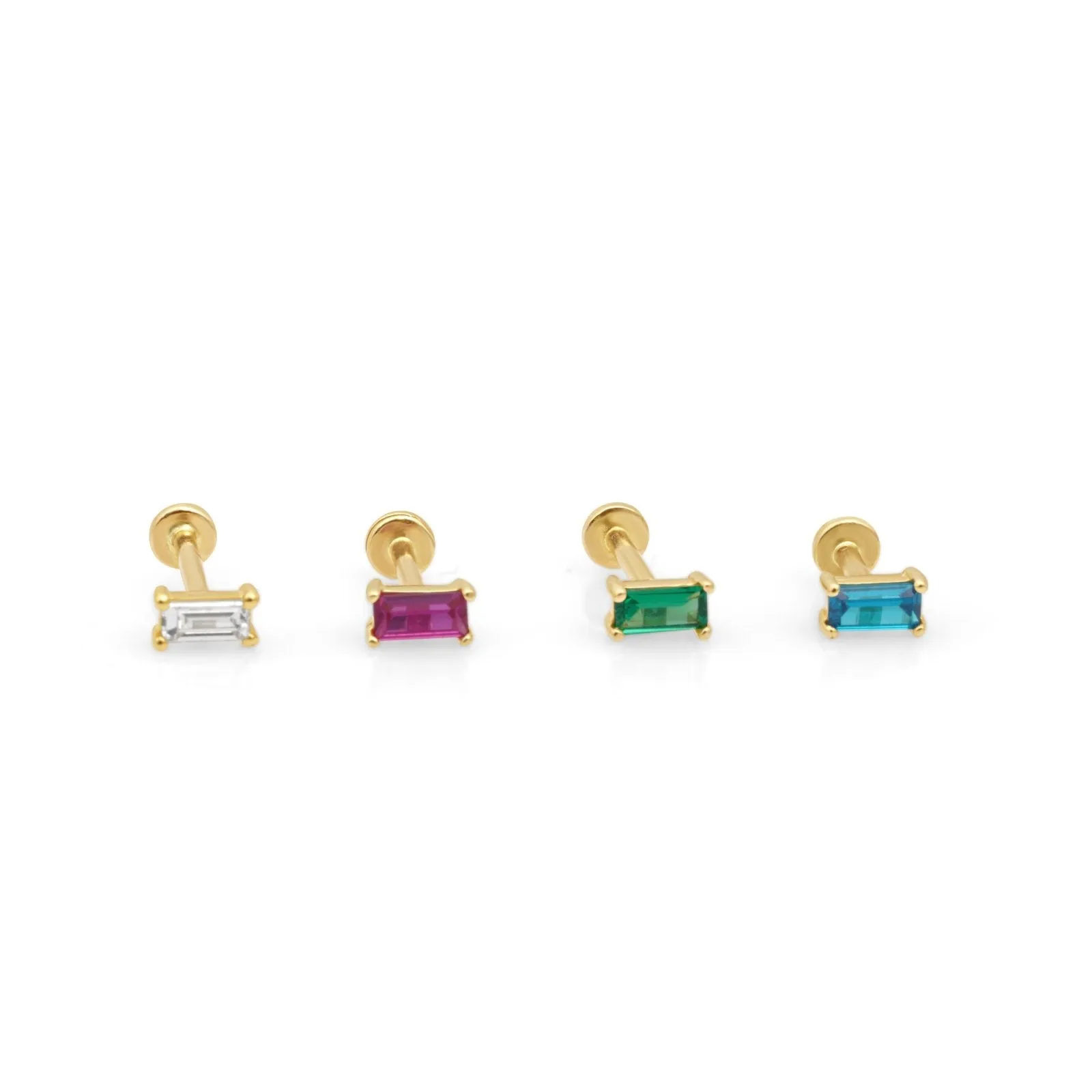 14K Gold Baguette Cut Blue Topaz Helix Tragus Internally Threaded Flat Back Earring Labret Stud