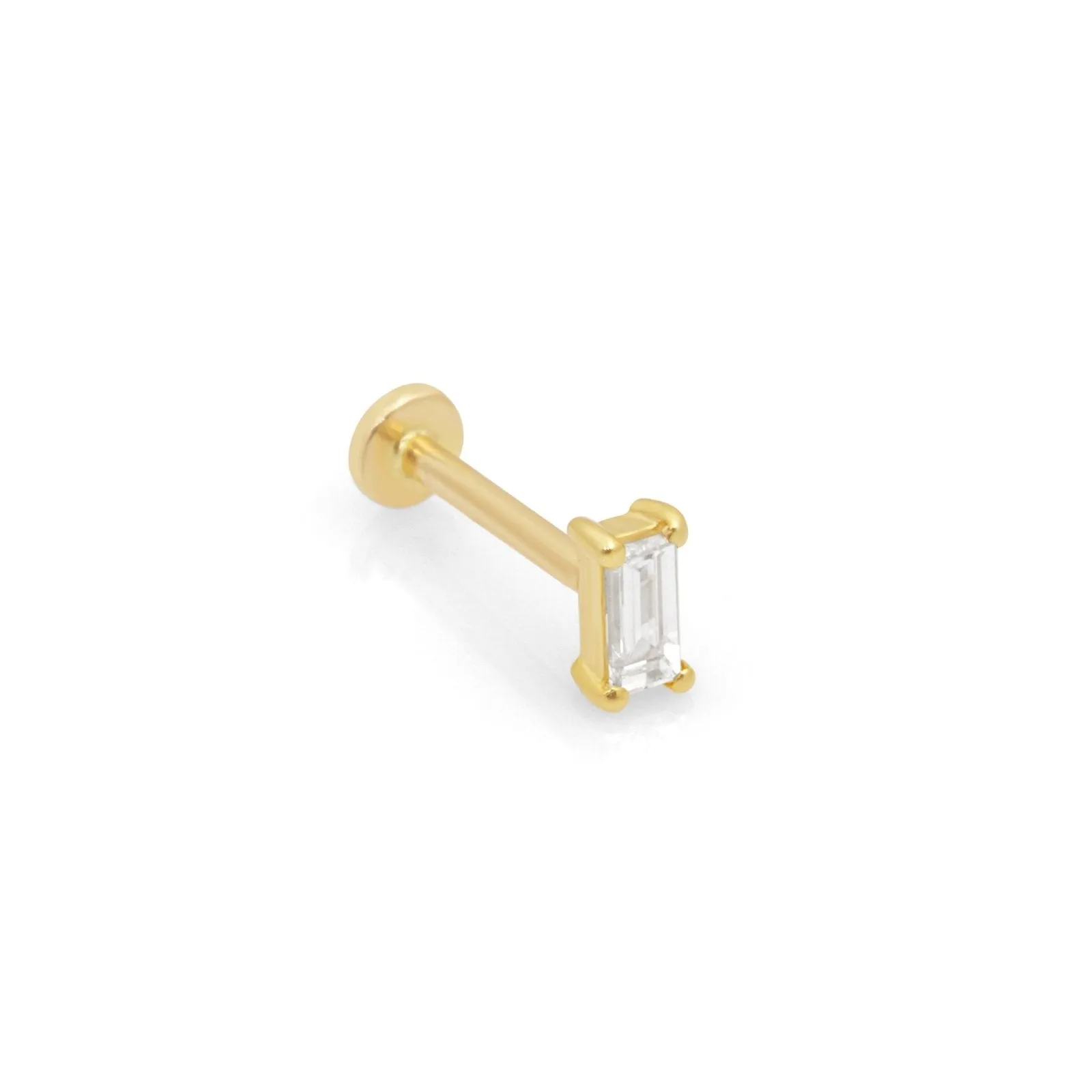 14K Gold Cartilage Helix Tragus Conch Cz Baguette Cut Internally Threaded Flat Back Earring Labret