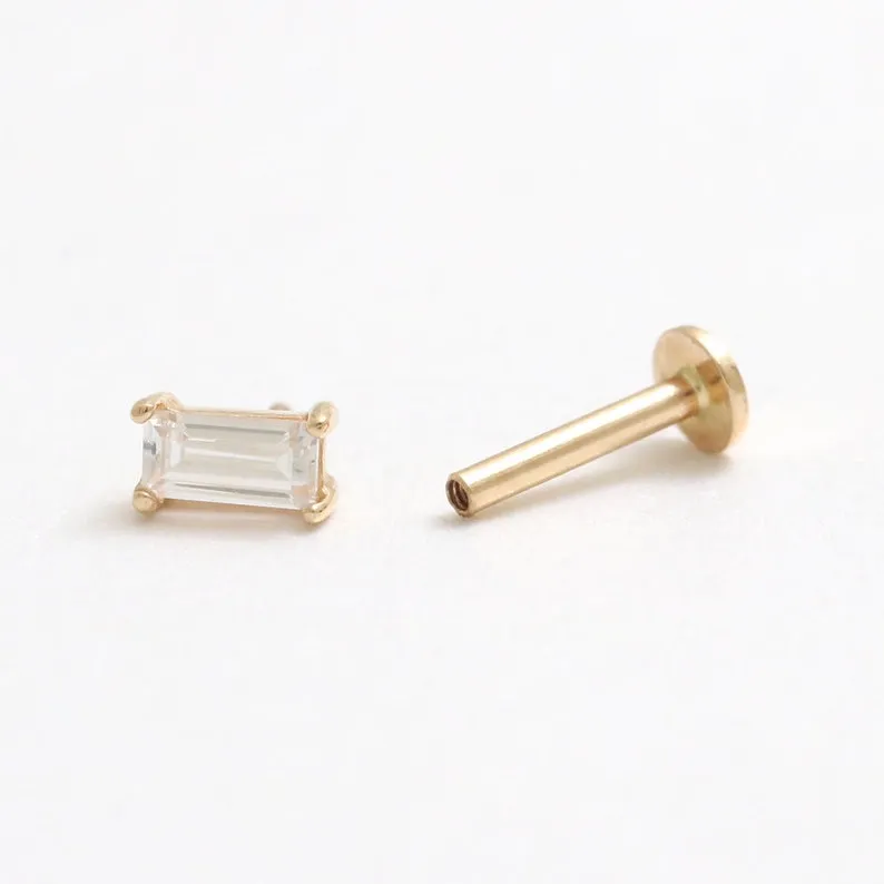 14K Gold Cartilage Helix Tragus Conch Cz Baguette Cut Internally Threaded Flat Back Earring Labret