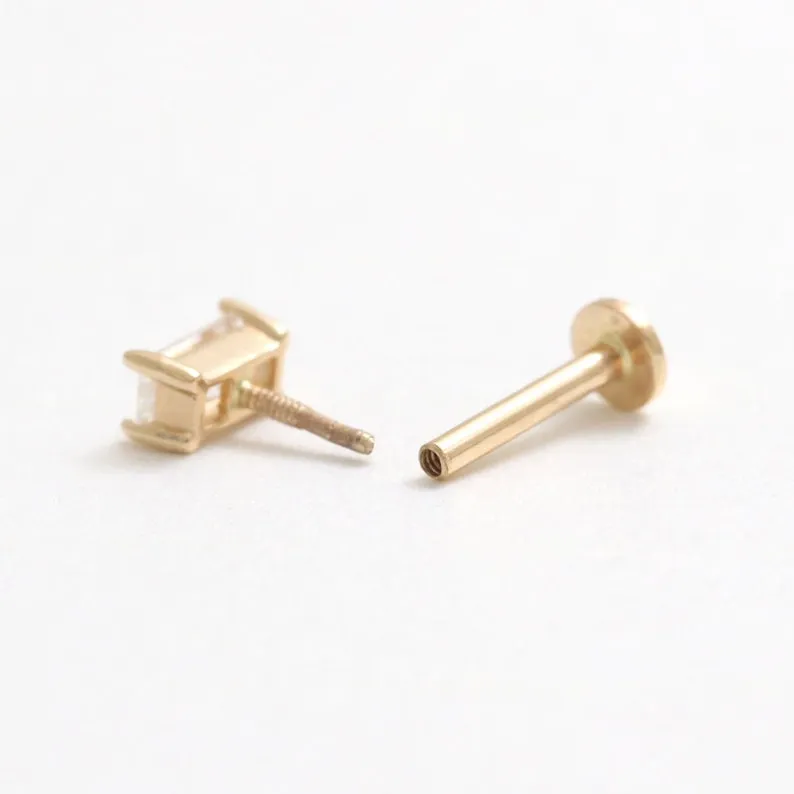 14K Gold Cartilage Helix Tragus Conch Cz Baguette Cut Internally Threaded Flat Back Earring Labret