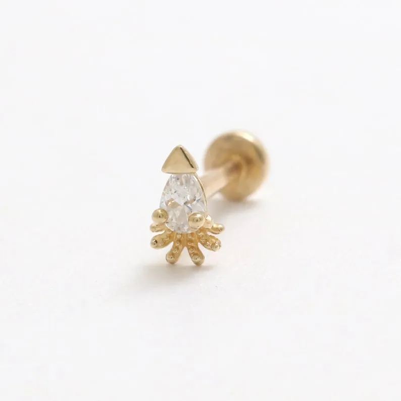 14K Gold Cartilage Helix Tragus Conch CZ Cubic Zirconia Tiny Squid Internally Threaded Flat Back Earring Labret