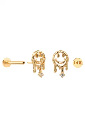 14K Gold CZ, Moissanite, Lab or Genuine Diamond Smile Internally Threaded Flat Back Earring Labret