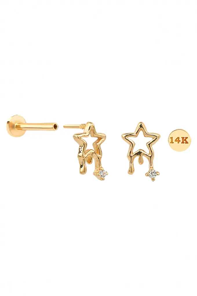 14K Gold CZ, Moissanite, Lab or Genuine Diamond Star Internally Threaded Flat Back Earring Labret