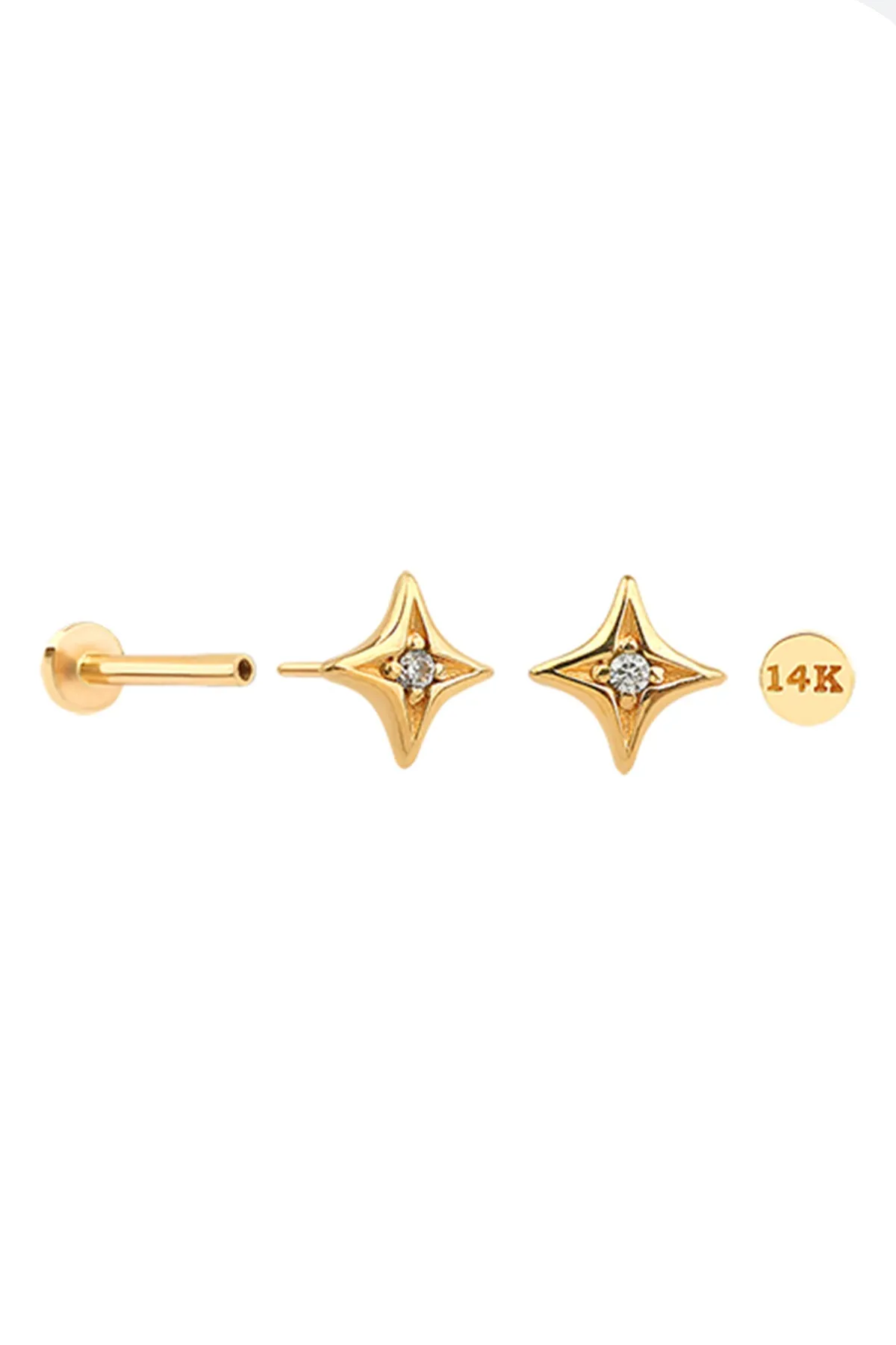 14k Solid Gold Cartilage Sunlight Star Pendant Internally Internal Threaded Flat Back Labret