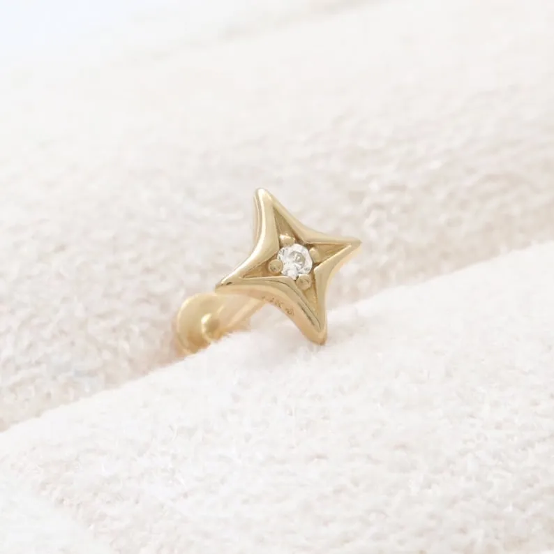 14k Solid Gold Cartilage Sunlight Star Pendant Internally Internal Threaded Flat Back Labret