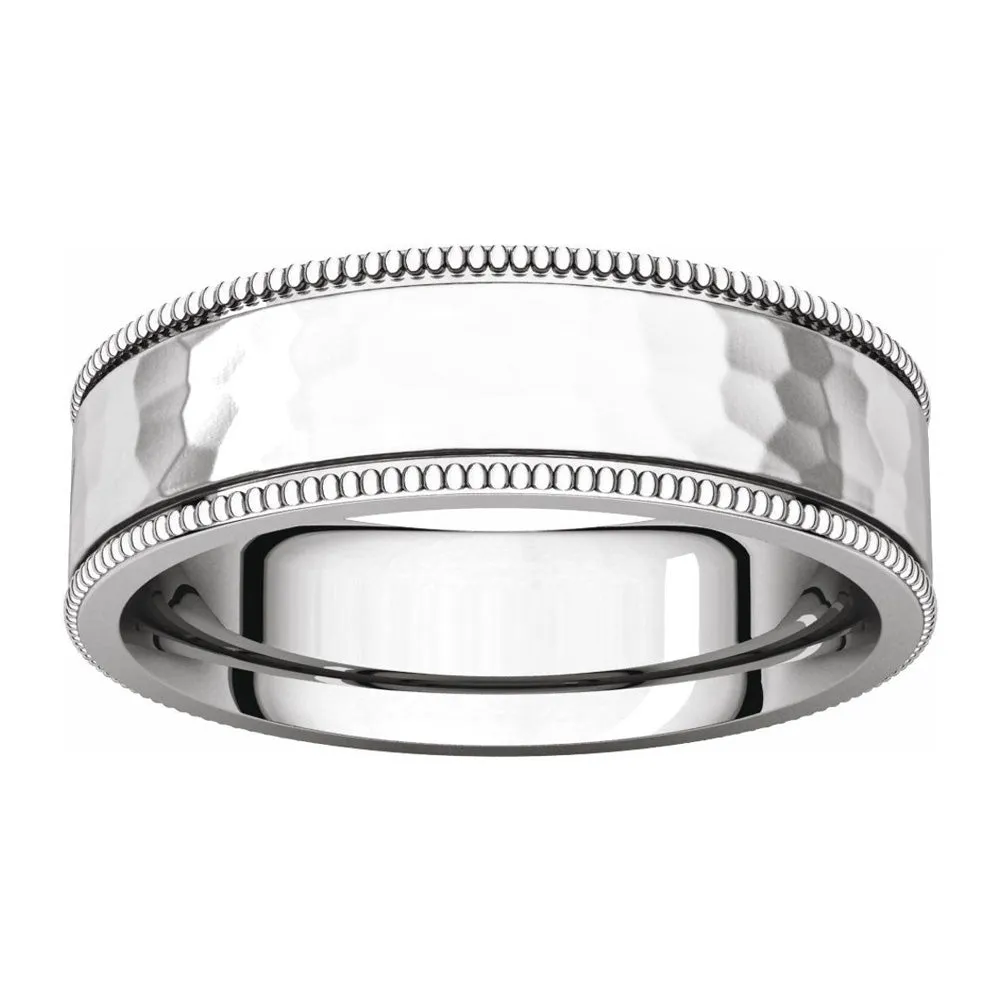 6mm Platinum Milgrain Hammered Flat Comfort Fit Band