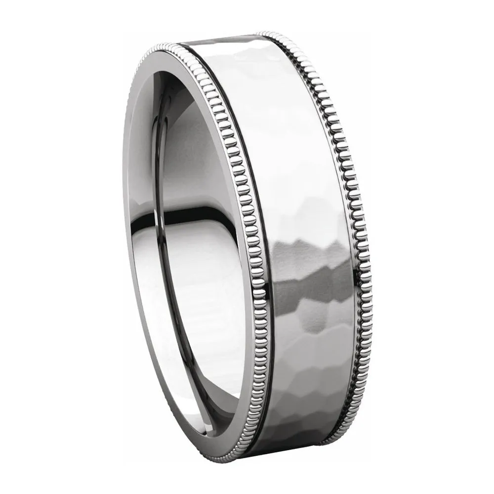 6mm Platinum Milgrain Hammered Flat Comfort Fit Band