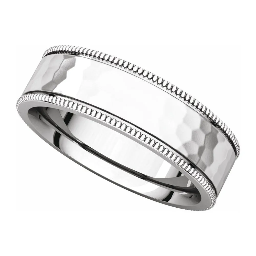 6mm Platinum Milgrain Hammered Flat Comfort Fit Band