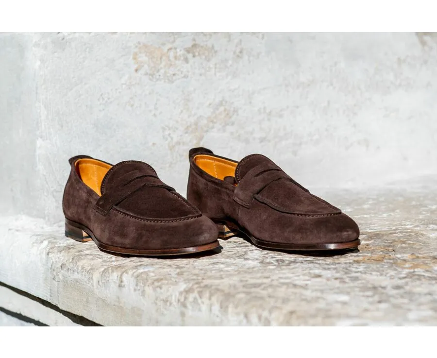 Bitter chocolate Suede Men's penny loafers - CEVIO