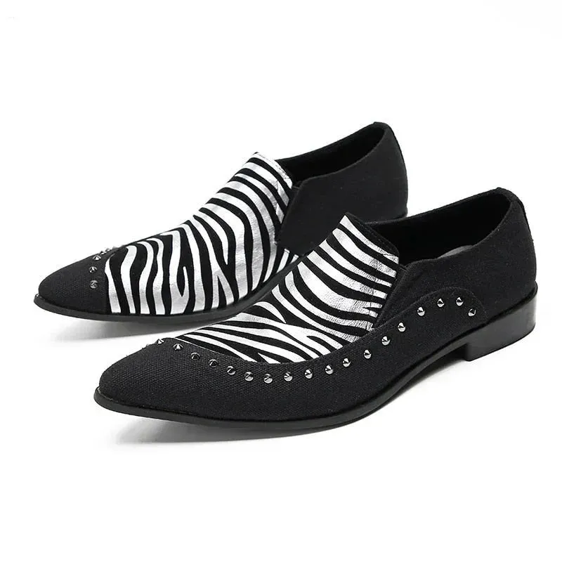 Black Zebra-stripe Leather Slip-on Dress Shoes for Men