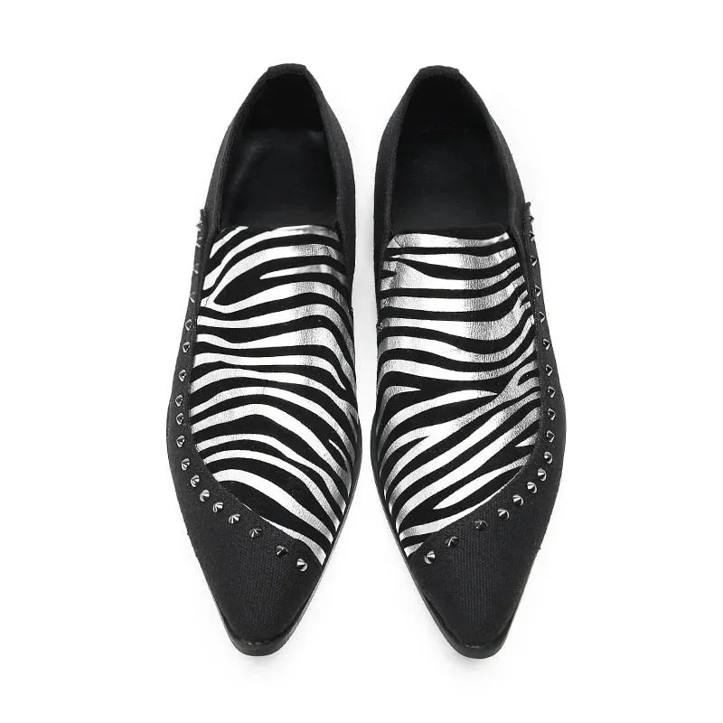 Black Zebra-stripe Leather Slip-on Dress Shoes for Men