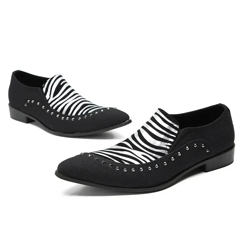 Black Zebra-stripe Leather Slip-on Dress Shoes for Men