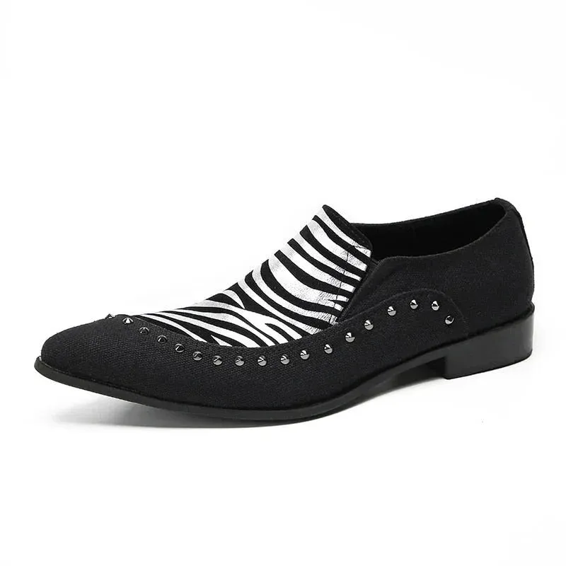 Black Zebra-stripe Leather Slip-on Dress Shoes for Men