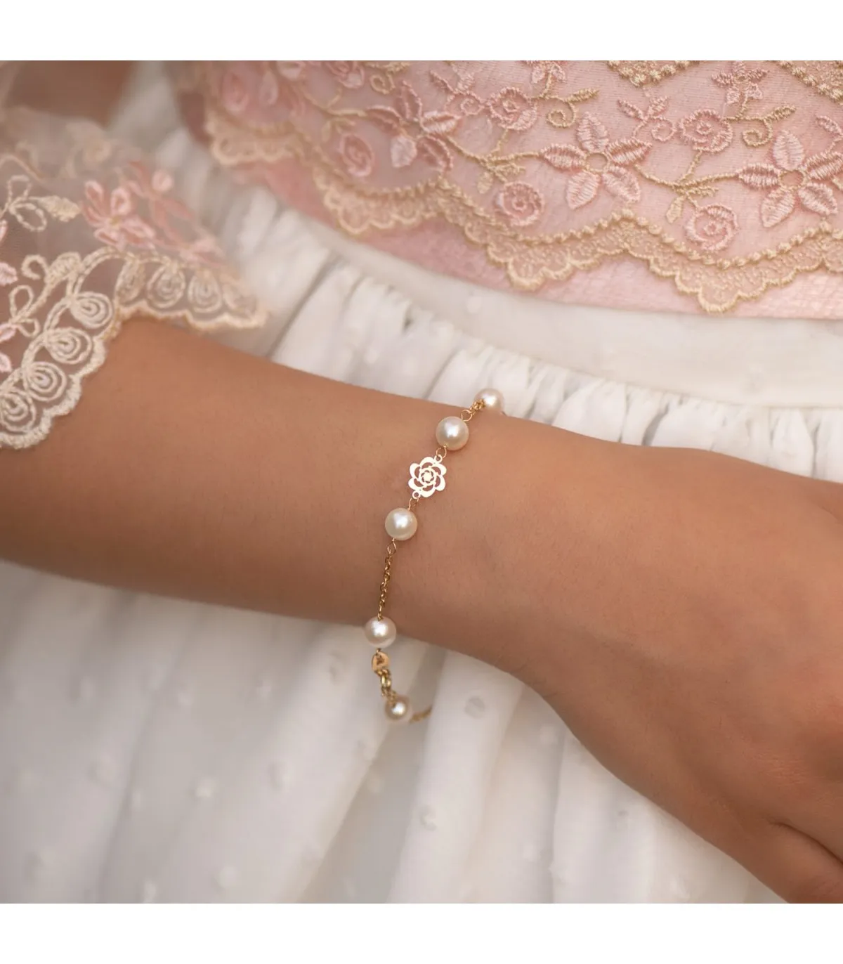 Bracelet Alina Communion Or 18K 17 cm Roses et Perles