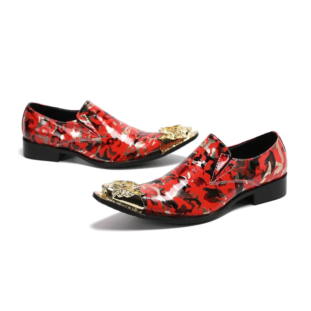 British style leather pointed metal toe printed dress shoes for men.