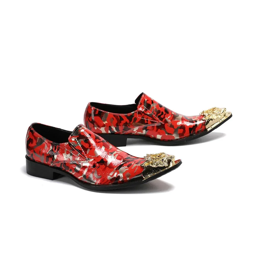 British style leather pointed metal toe printed dress shoes for men.