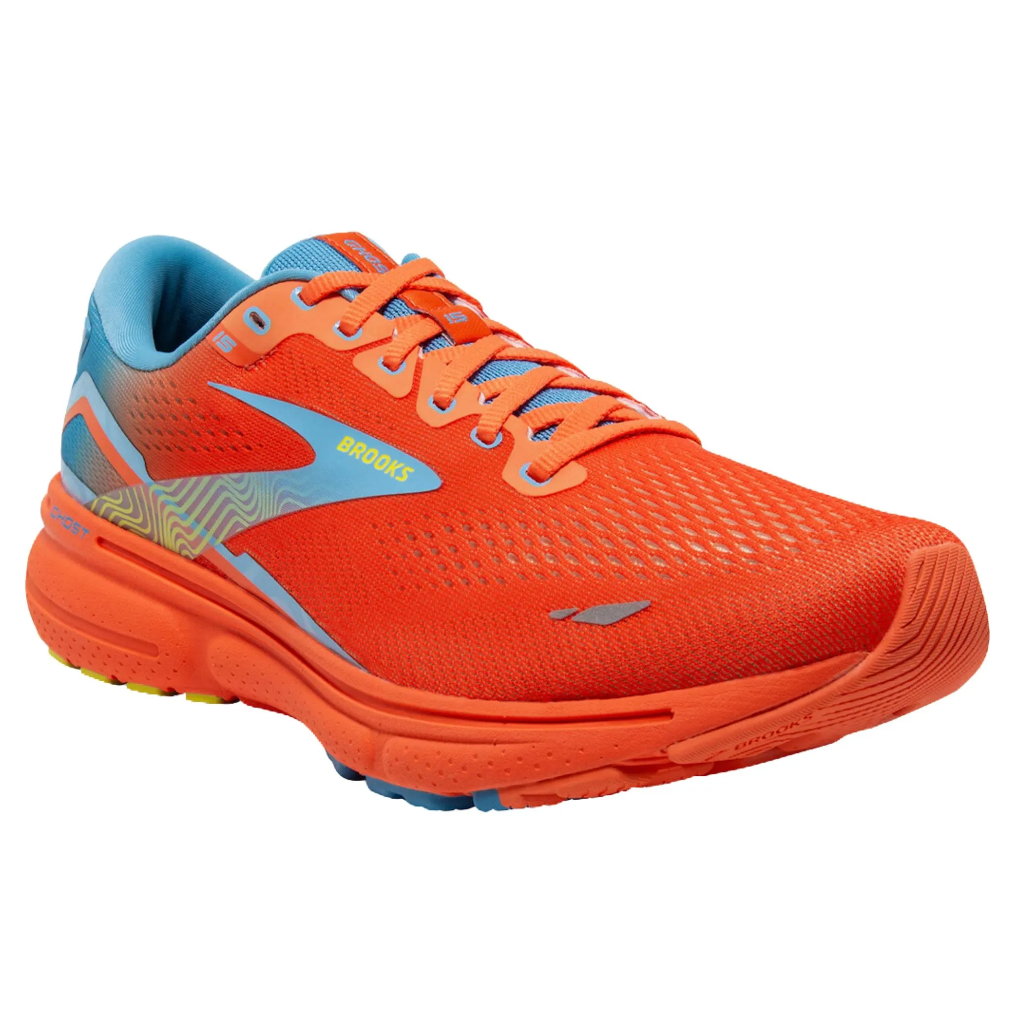 Brooks Men's 110393 848 Ghost 15 Orange/Blue/Yellow Cushion Neutral Running Shoes