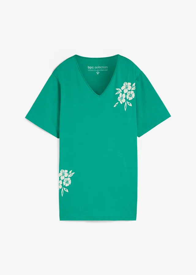 Camiseta larga Verde jade-blanco estampado