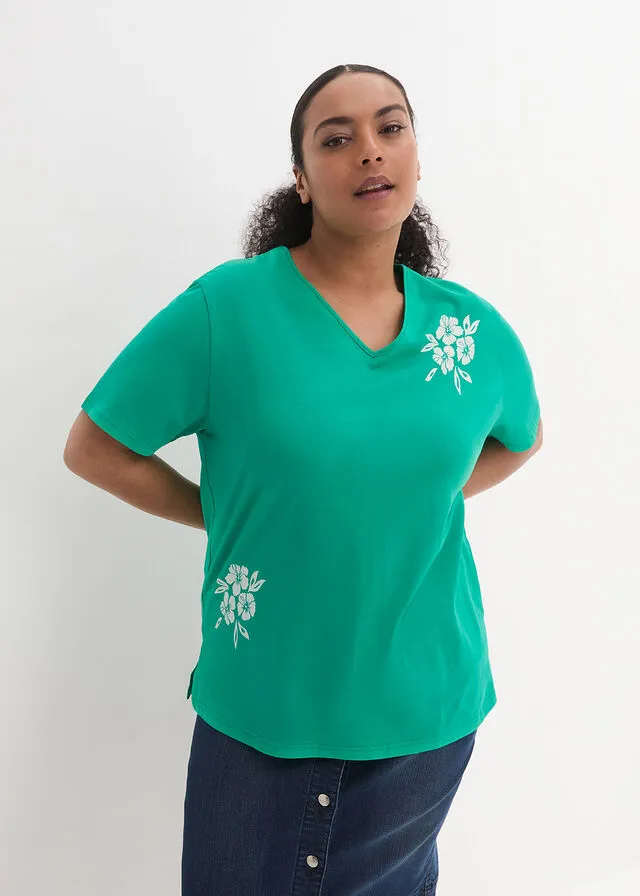 Camiseta larga Verde jade-blanco estampado