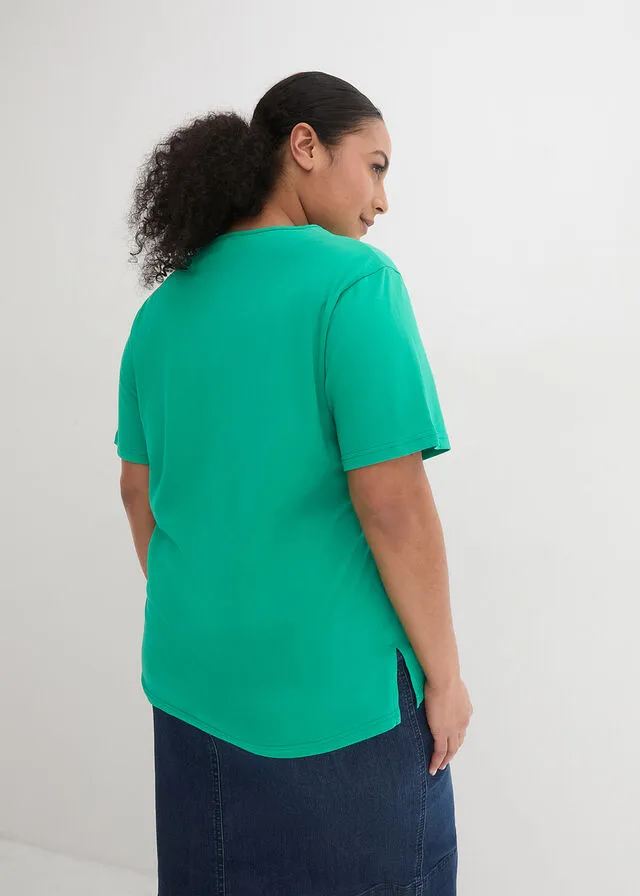 Camiseta larga Verde jade-blanco estampado