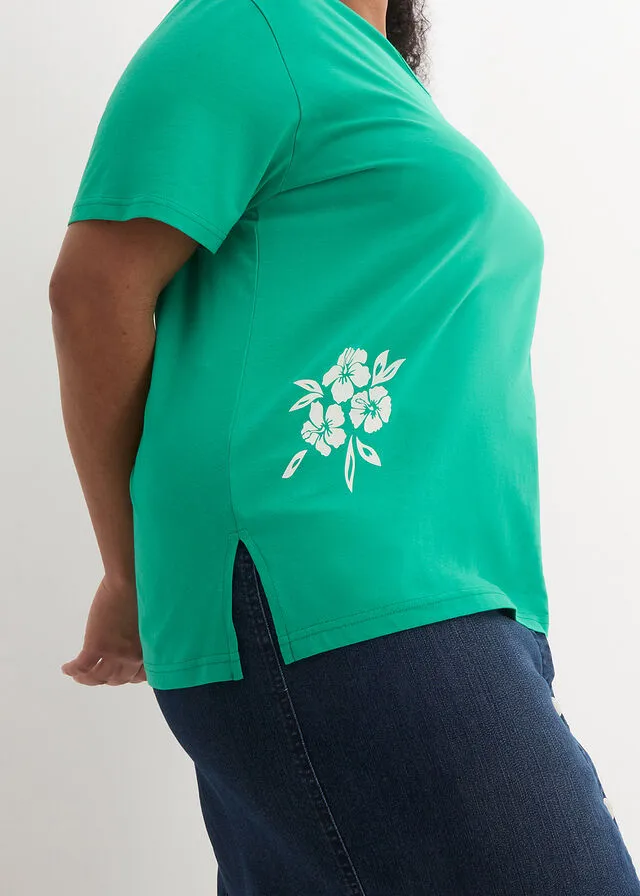 Camiseta larga Verde jade-blanco estampado