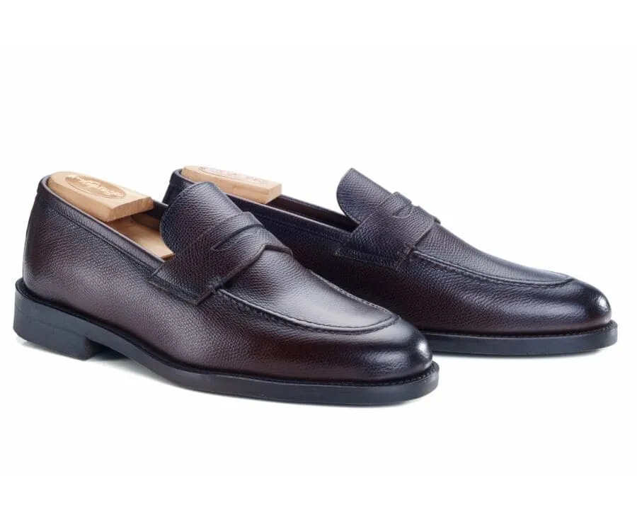 Chocolate Grained Leather Men's penny loafers - WEMIC GOMME CITY