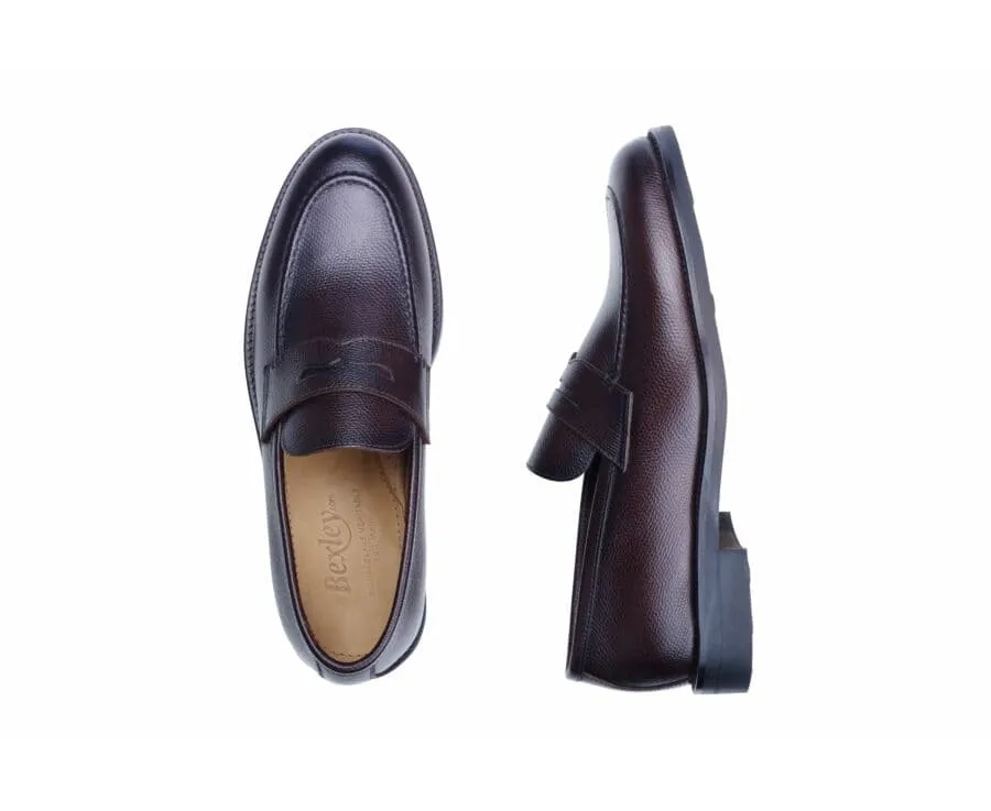 Chocolate Grained Leather Men's penny loafers - WEMIC GOMME CITY