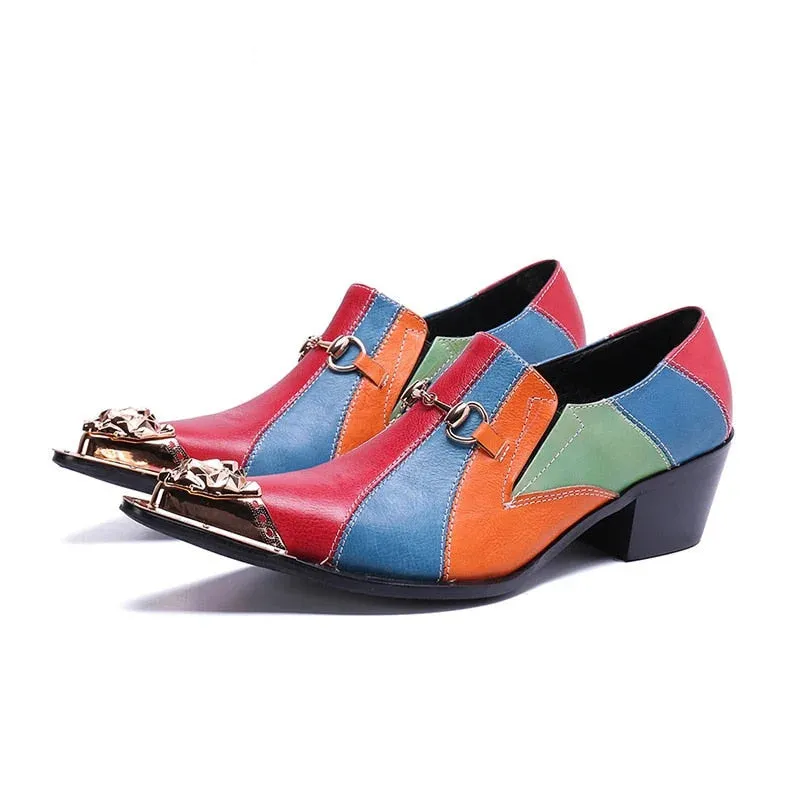 Colorful men's oxford shoes with pointed iron toe and high heels made of designer leather.