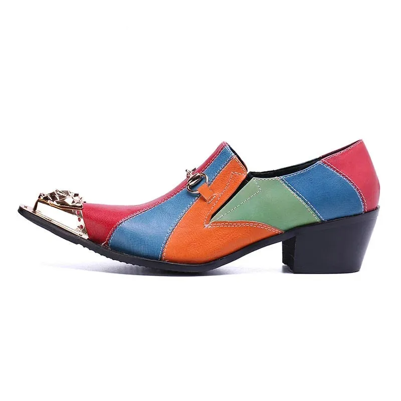 Colorful men's oxford shoes with pointed iron toe and high heels made of designer leather.