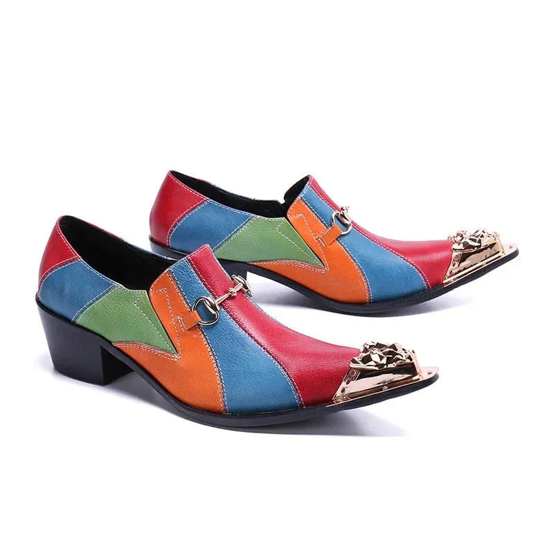 Colorful men's oxford shoes with pointed iron toe and high heels made of designer leather.