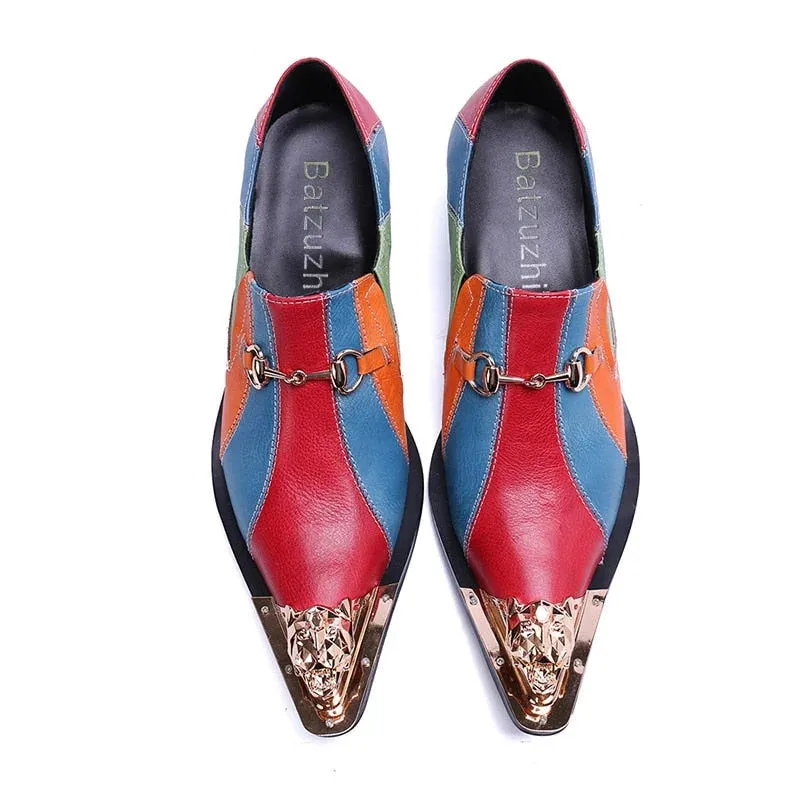 Colorful men's oxford shoes with pointed iron toe and high heels made of designer leather.