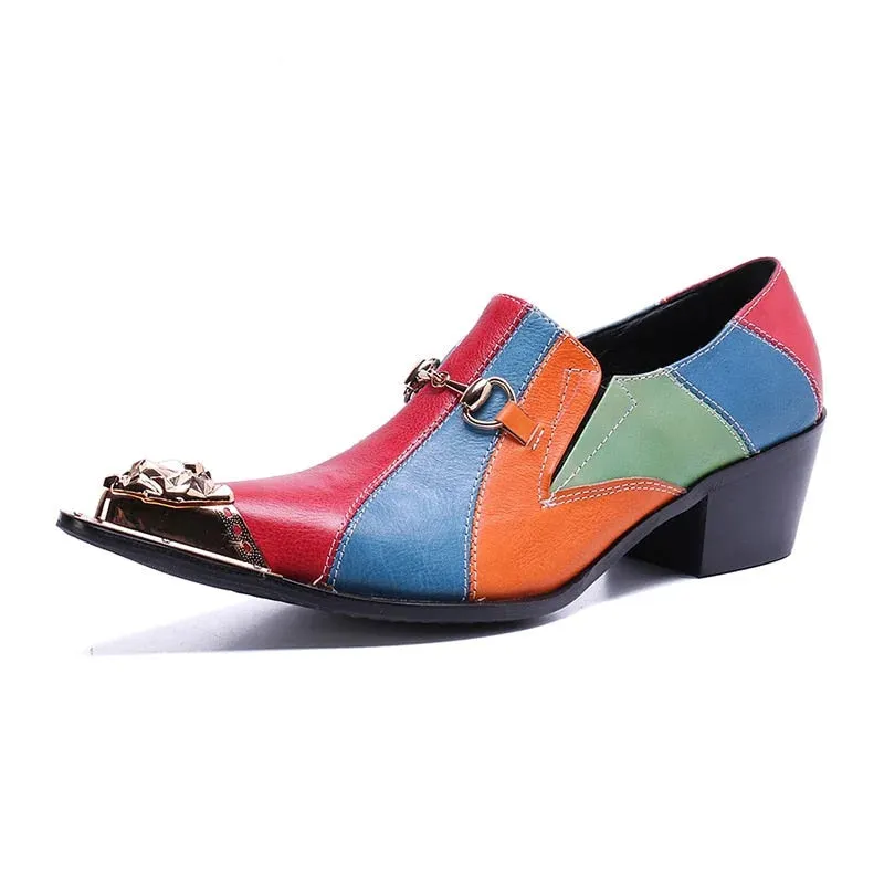 Colorful men's oxford shoes with pointed iron toe and high heels made of designer leather.