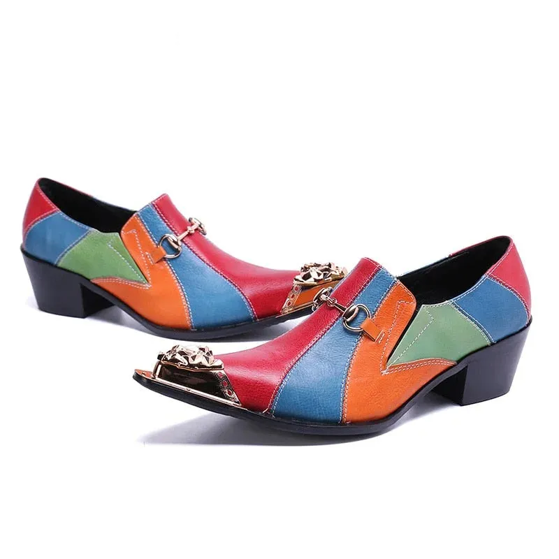 Colorful men's oxford shoes with pointed iron toe and high heels made of designer leather.