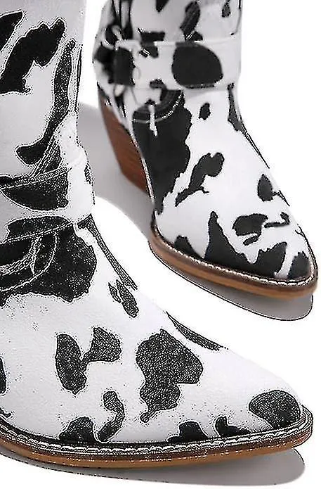 Cow Print Cowgirl Boots Block Chunky Heel Mid Calf