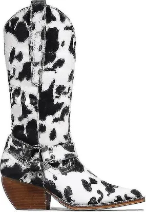 Cow Print Cowgirl Boots Block Chunky Heel Mid Calf