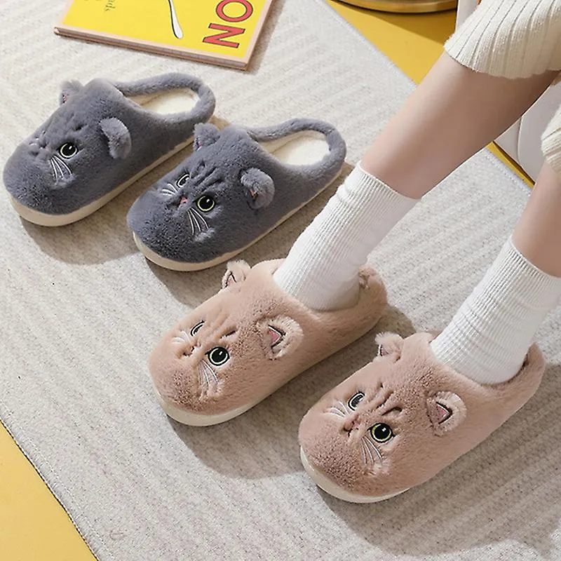 Cute Cat Slippers Fluffy Furry Women Home Platform Slippers Men Winter Plush Slides Indoor Fuzzy Slippers Lovely Cotton Shoes