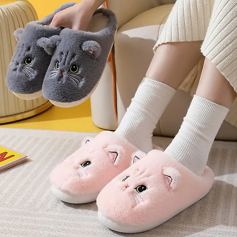 Cute Cat Slippers Fluffy Furry Women Home Platform Slippers Men Winter Plush Slides Indoor Fuzzy Slippers Lovely Cotton Shoes