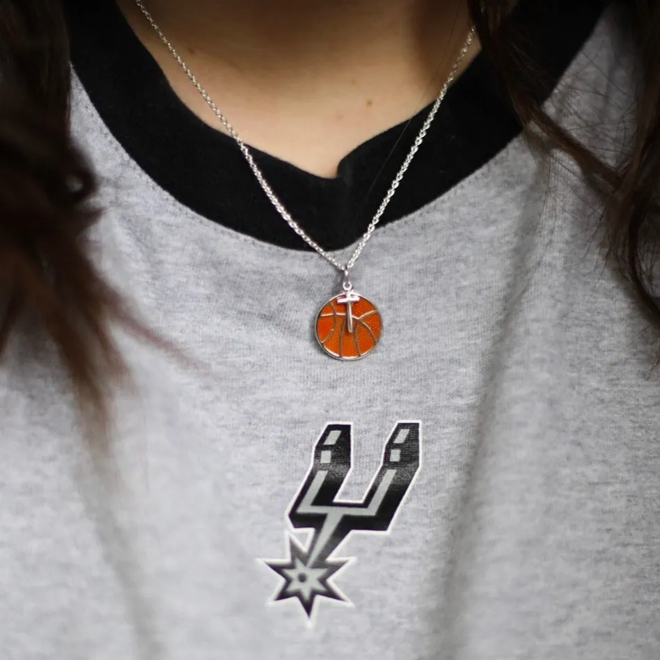 Gold Orange Enameled Basketball Necklace With Cross Charm