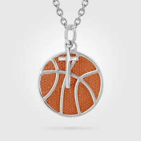 Gold Orange Enameled Basketball Necklace With Cross Charm