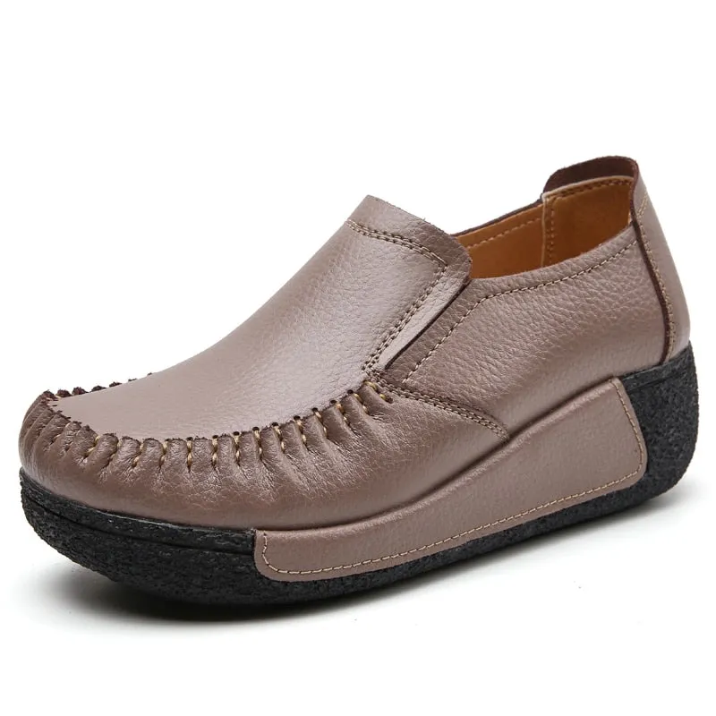 Handcrafted Brown Leather Round Toe Women's Casual Shoes