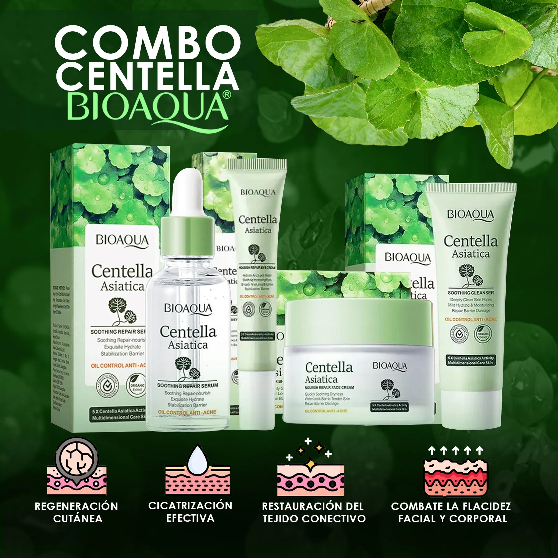 Kit x 5 Rutina Facial Centella Asiática | Tratamiento Para Arruguas y Anti-Edad - BIOAQUA