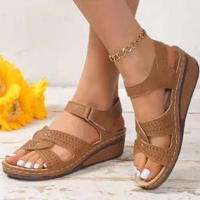 Leather Wedge Sandals with Low Heel