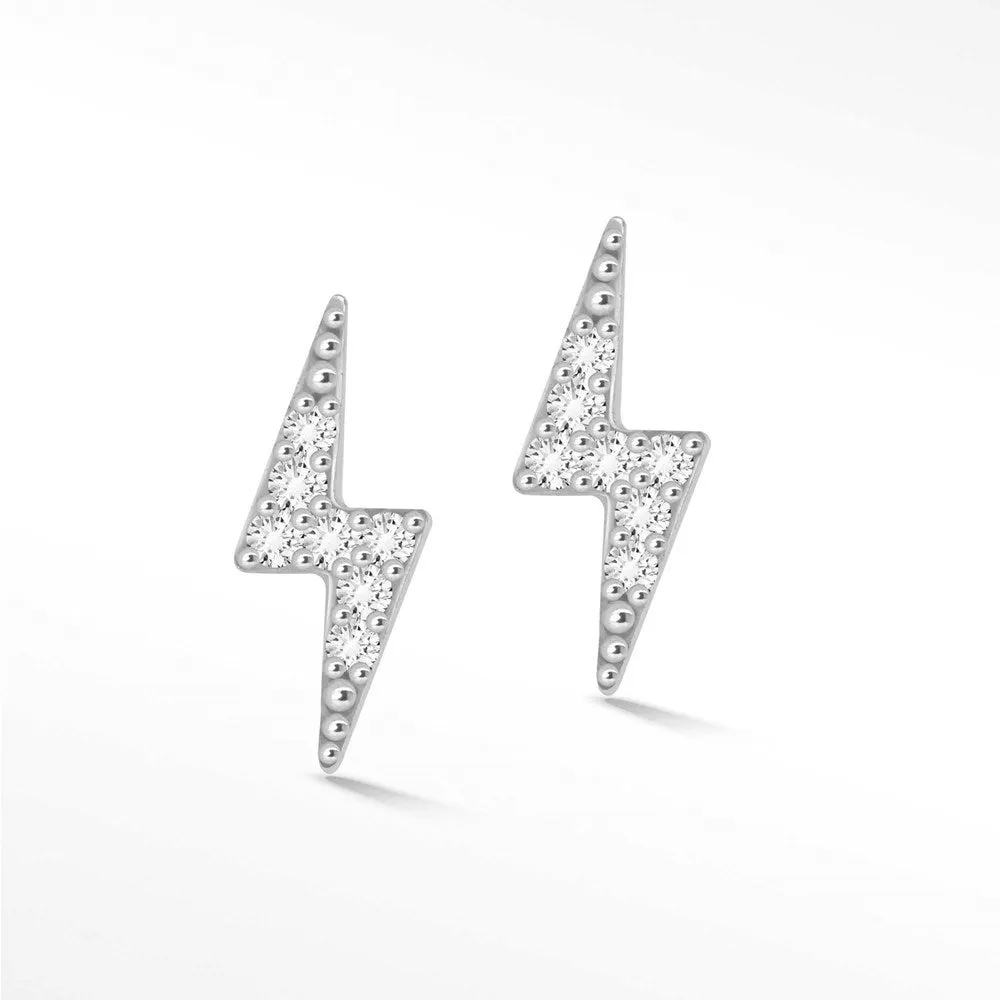 Lightning Bolt 18k White Gold Diamond Flat Back Threadless Stud Earrings