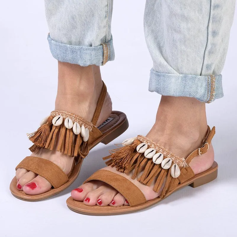 Madison Carter Fringe Sandals - Camel: Trendy Camel Fringe Sandals by Madison Carter.