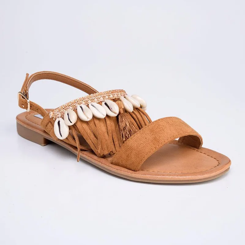 Madison Carter Fringe Sandals - Camel: Trendy Camel Fringe Sandals by Madison Carter.