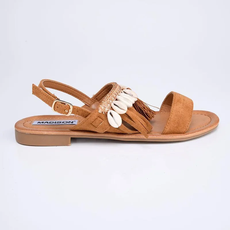 Madison Carter Fringe Sandals - Camel: Trendy Camel Fringe Sandals by Madison Carter.