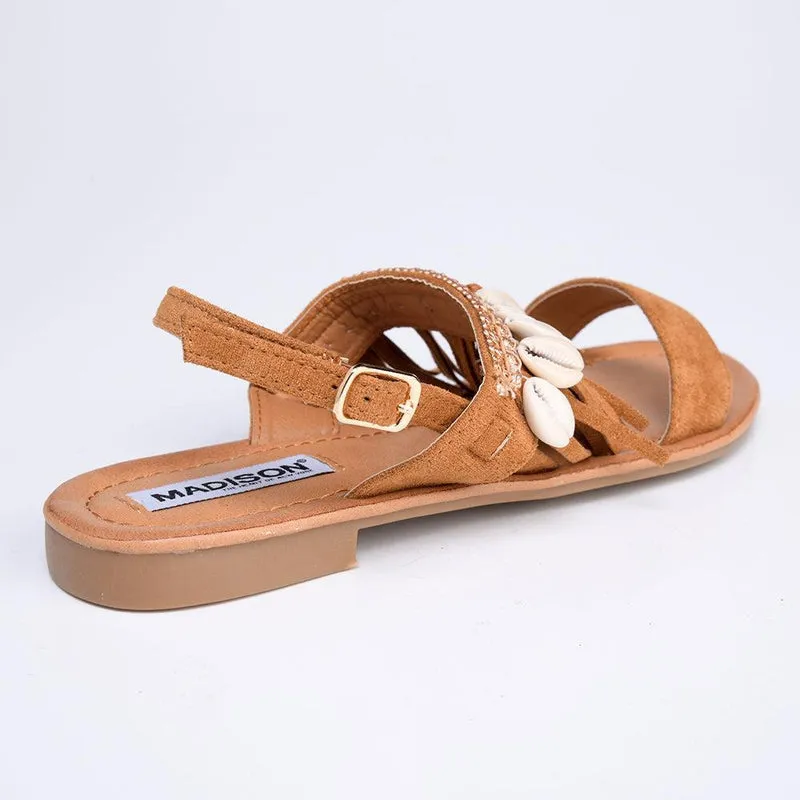 Madison Carter Fringe Sandals - Camel: Trendy Camel Fringe Sandals by Madison Carter.