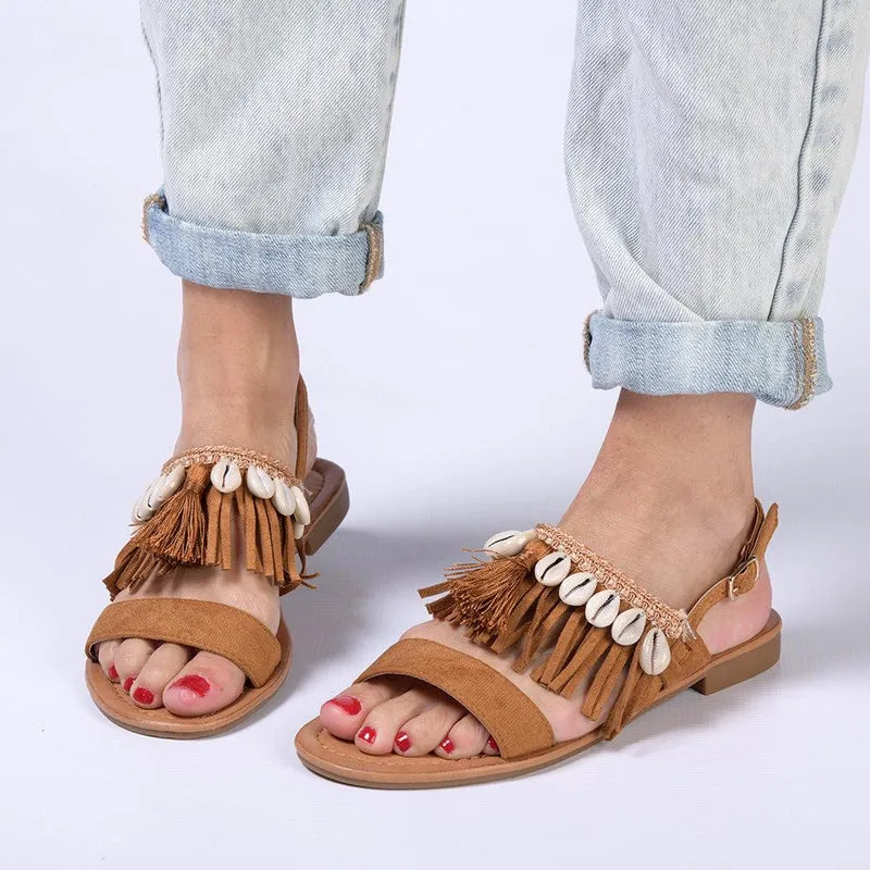 Madison Carter Fringe Sandals - Camel: Trendy Camel Fringe Sandals by Madison Carter.