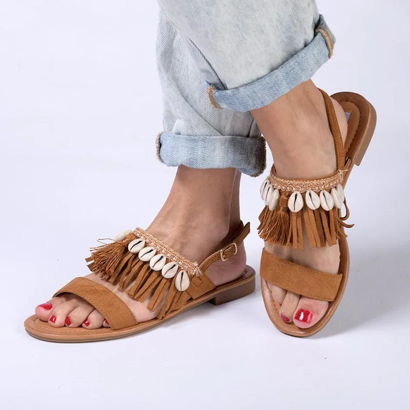 Madison Carter Fringe Sandals - Camel: Trendy Camel Fringe Sandals by Madison Carter.